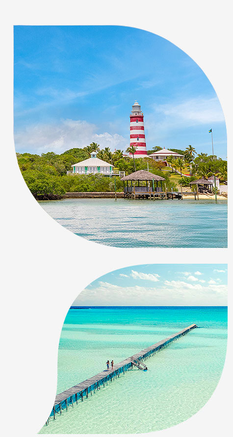 a lighthouse and an aerial of a dock in the ocean 