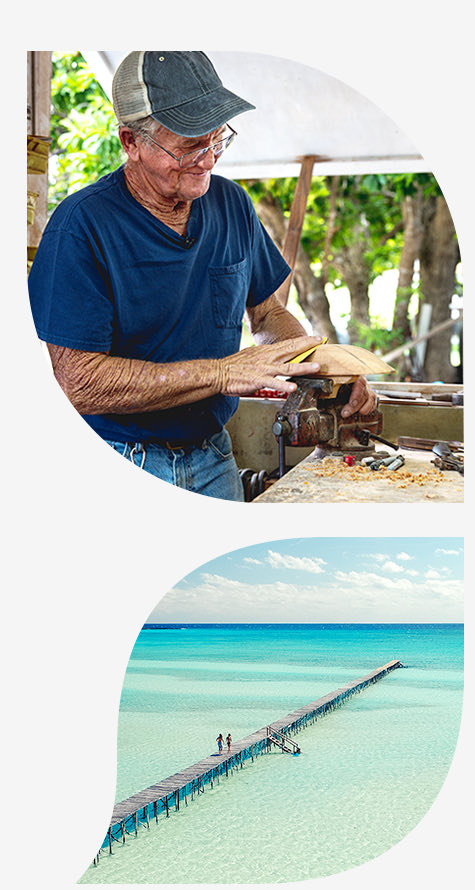 top image man with blue shirt carving wood bottom image ocean with board walk 