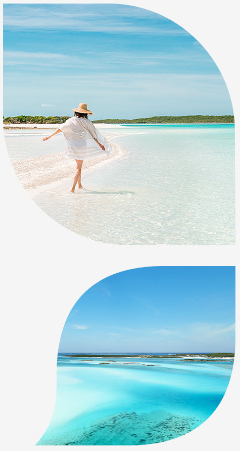 woman in a white swimsuit cover up and straw hat on the shore for the top image and view of ocean in the bottom image