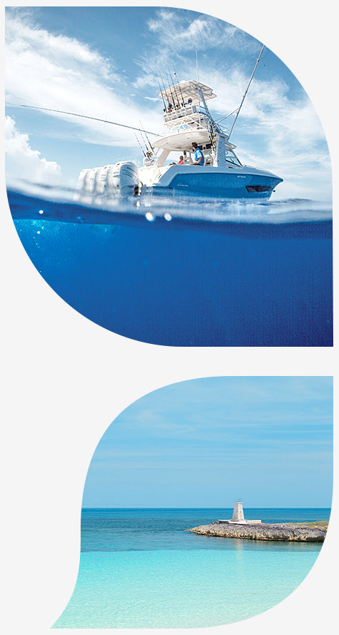 Fishing Boat offshore bottom image clear ocean with Island 