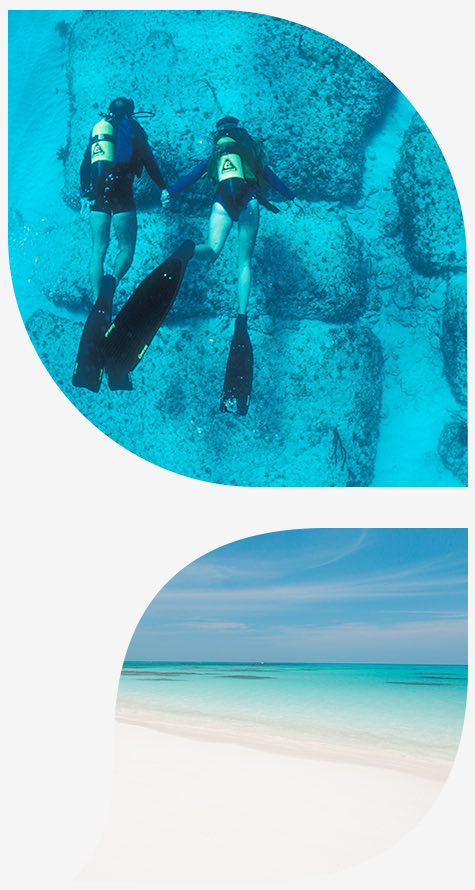 couple scuba diving in the top image and beach and sand in the bottom image