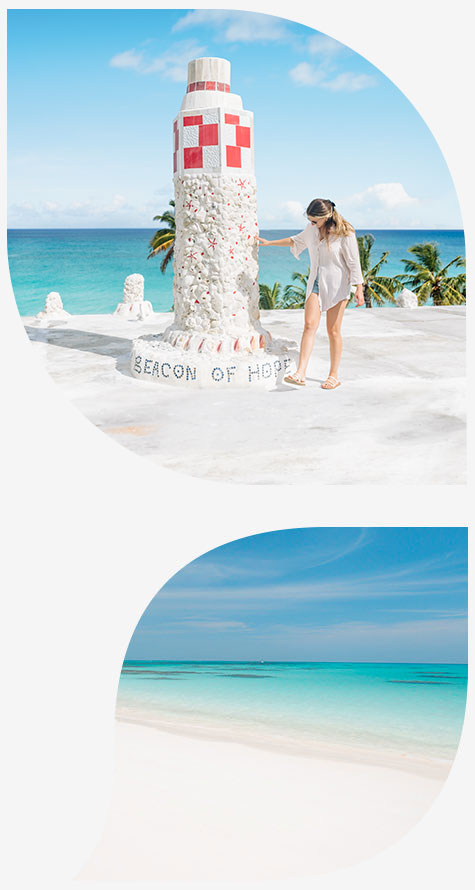 two petals, one of a woman by a statue on the beach and one of an aerial of the beach 