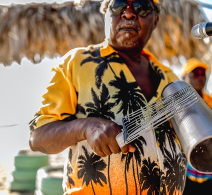 man on the beach playing an instrument 