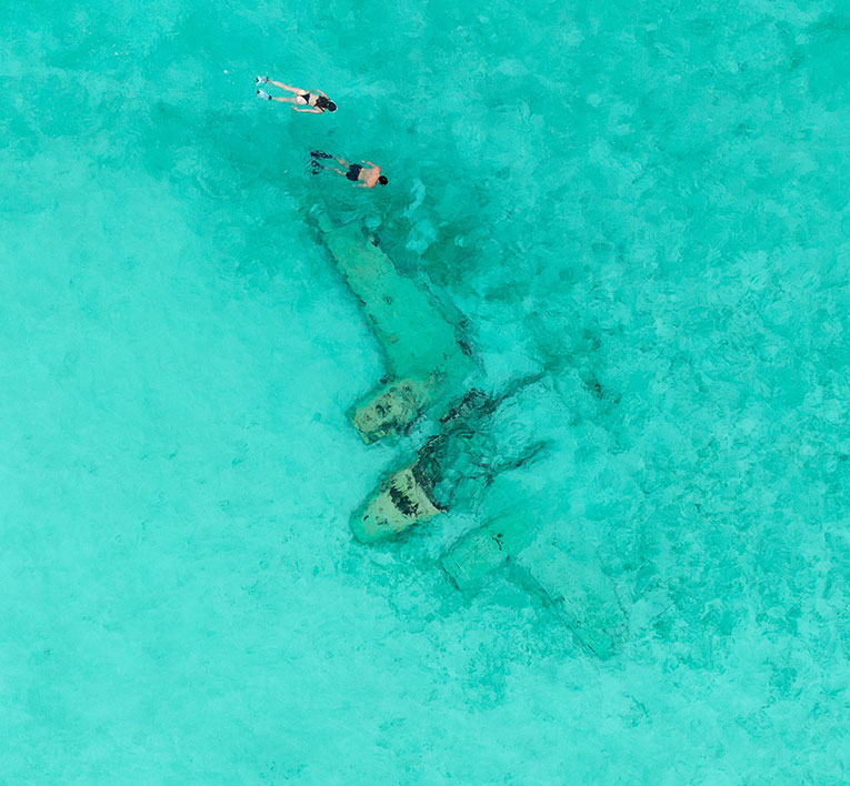 a couple swimming in the ocean looking at a plane crash site 