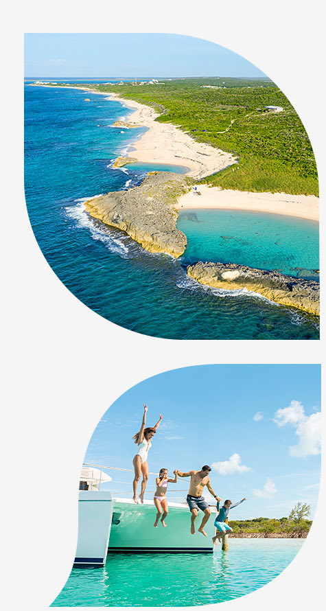 Top image shoreline of the beach with a blue hole opening to the ocean bottom image family jumping into water off sailboat