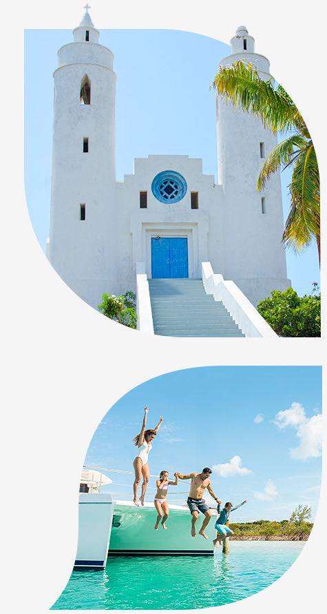 Top imgae white church with blue door bottom image family jumping off sailboat