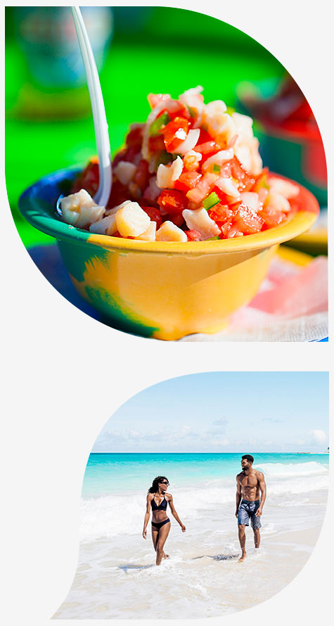 two petals, one of a bowl of salsa and one of a couple on the beach