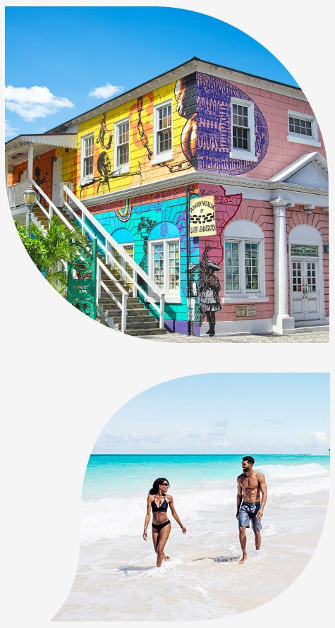 two petals, one of a colorful building and one of a couple on the beach