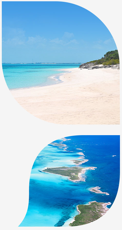 top image white sand beach witch blue water bottom ocean with chain of islands 