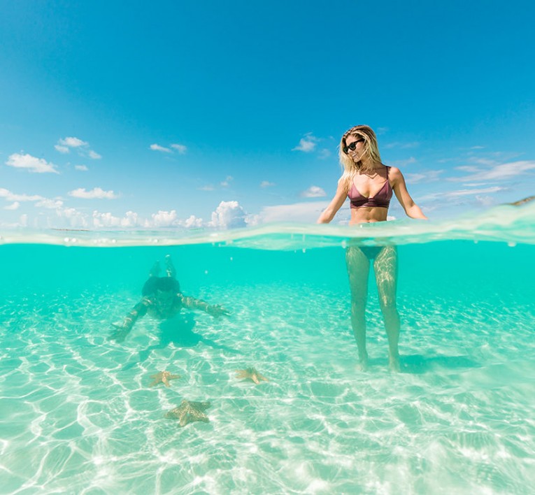 man swimming beneath shallow clear water observing starfish and woman standing up in waist high water