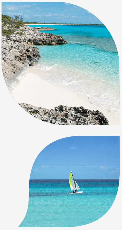 top image shows rocks on the water and the bottom image shows a sailboat in the ocean